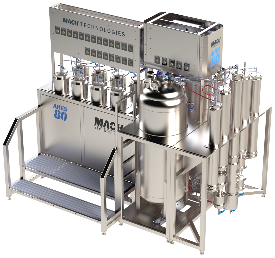 MACH Technologies AHES-80 automated hydrocarbon extraction system: a stainless-steel skid with a recipe control panel, jacketed vessel and column bank on a railed access platform